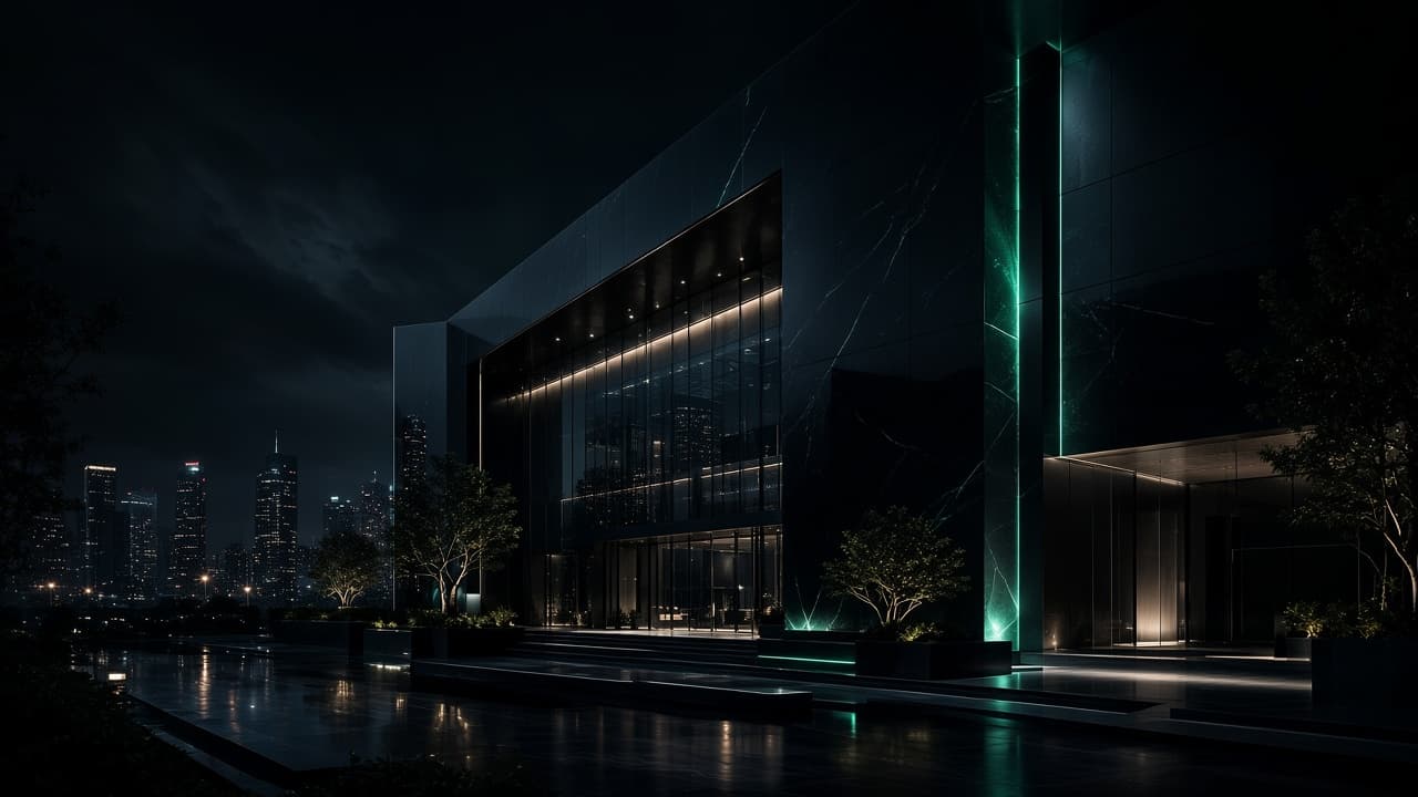 Dark glass corporate architecture at night