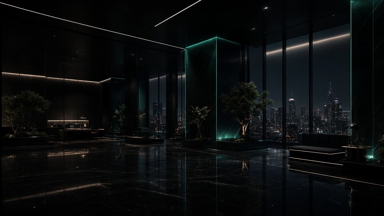 Dark glass GRYVEX headquarters interior at night